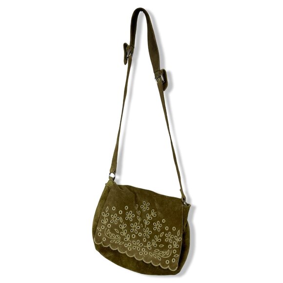 Zara Handbags - Zara Suede Floral Embroidered Crossbody Bag Olive